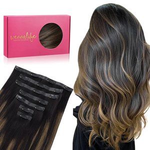 14" 100% Human Hair Clip In Extensions 7pcs 130g #1B/6/1B